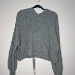 American Eagle Outfitters Gray Hooded Ribbed Drawstring Sweater